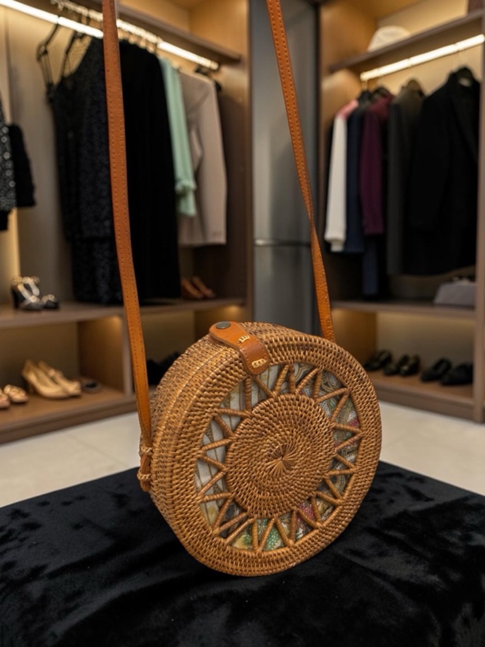 BALI Woven Rattan Shoulder/Crossbody Purse W/Leather Strap